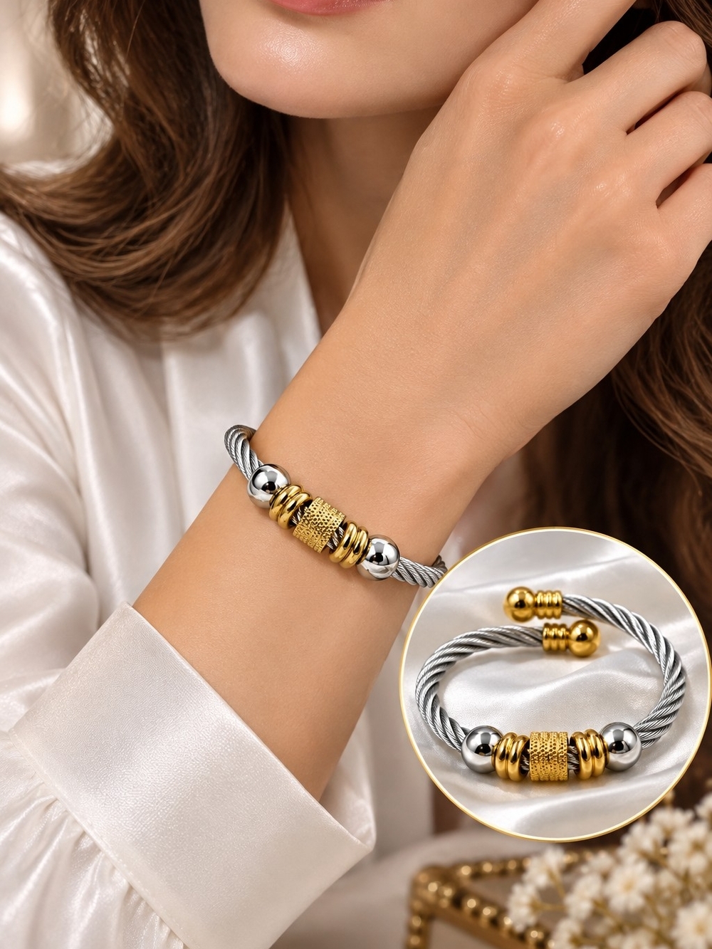 Gold & Silver Cable Cuff Bracelet - Women's Jewelry